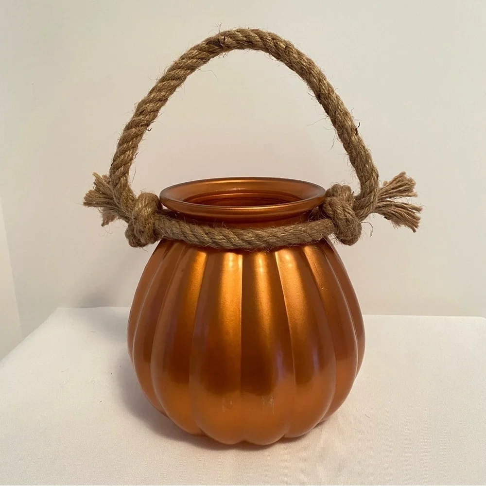 Metallic Orange Pumpkin Rope Handle Vase